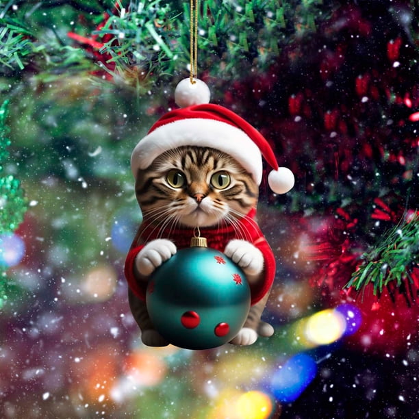 Colgante de gato para árbol de Navidad, acrílico 2D, adorno navideño colgante, divertido adorno navideño con gatos, adorno navideño, joyería para árbol de Navidad.