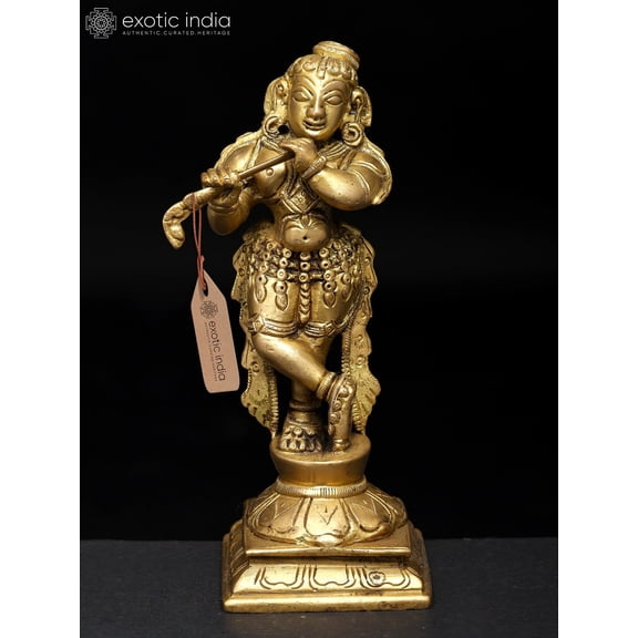 7" Lord Krishna with Choti Playing Flute Brass Idol