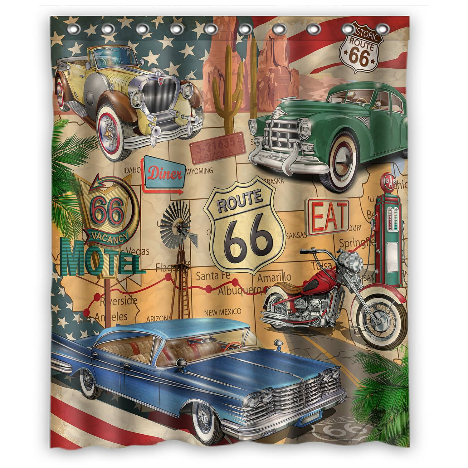 Route 66 USA Shower Curtain Bathroom Waterproof Fabric & 12 Hooks Bath Curtain 