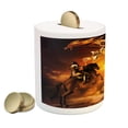 thumbnail image 2 of Modern Piggy Bank, with a Knight on a Horse Castle Mystic Art Print, Ceramic Coin Bank Money Box for Cash Saving, 3.6" X 3.2", Black and Marigold, by Ambesonne, 2 of 4