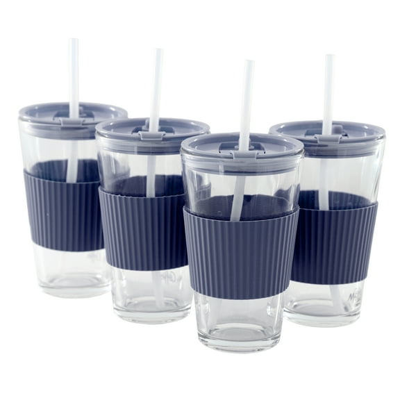 Mr. Coffee Sip Savvy 4 Piece 15 Ounce Silicone Sleeve Glass Cup Set w/ Lid and Straw in Navy
