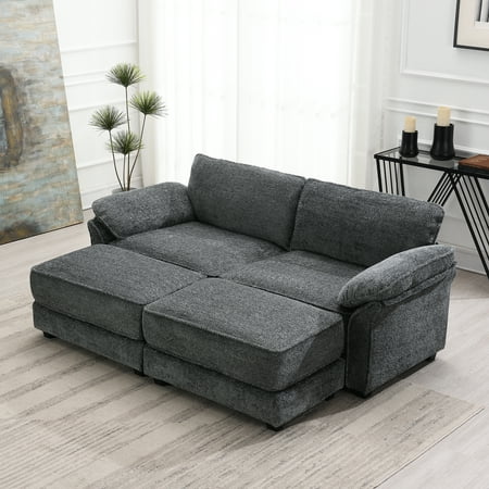 Modular Sectional Couch with 2 Ottomans - Deep-Seat Convertible Sofa Bed Set - Free Combination Loveseat with Ottomans for Living Room and Office