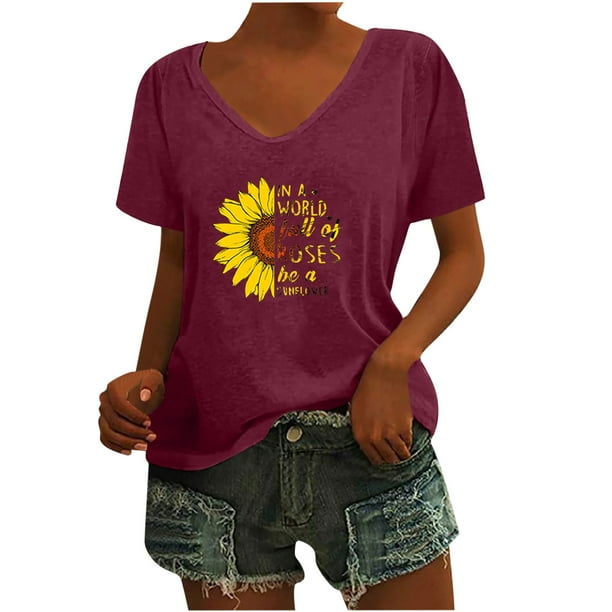 Camisas con estampado informal con estilo para mujer, camisetas holgadas de manga corta de talla grande, blusa con cuello en V OAVQHLG3B Store lin121212