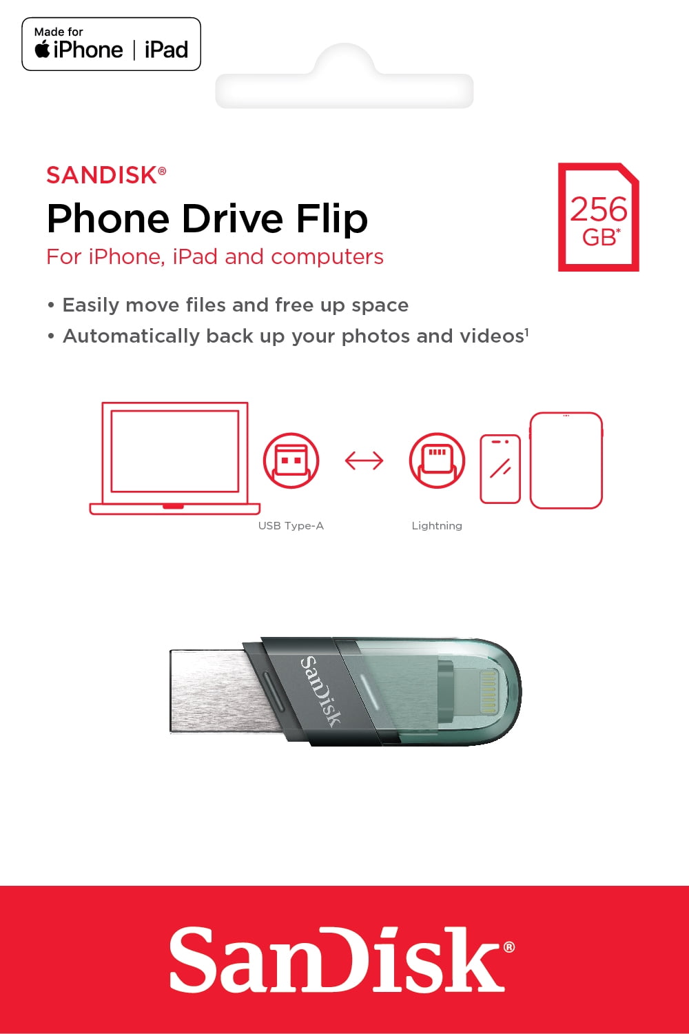 SanDisk® Phone Drive Flip 256GB USB Flash Drive for iPhone**, Lightning and USB 3.1, gen 1