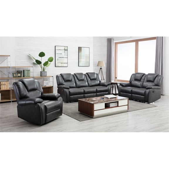 Titan Furnishings Faux Leather Upholstered Power Reclining Sofa Set in Gray