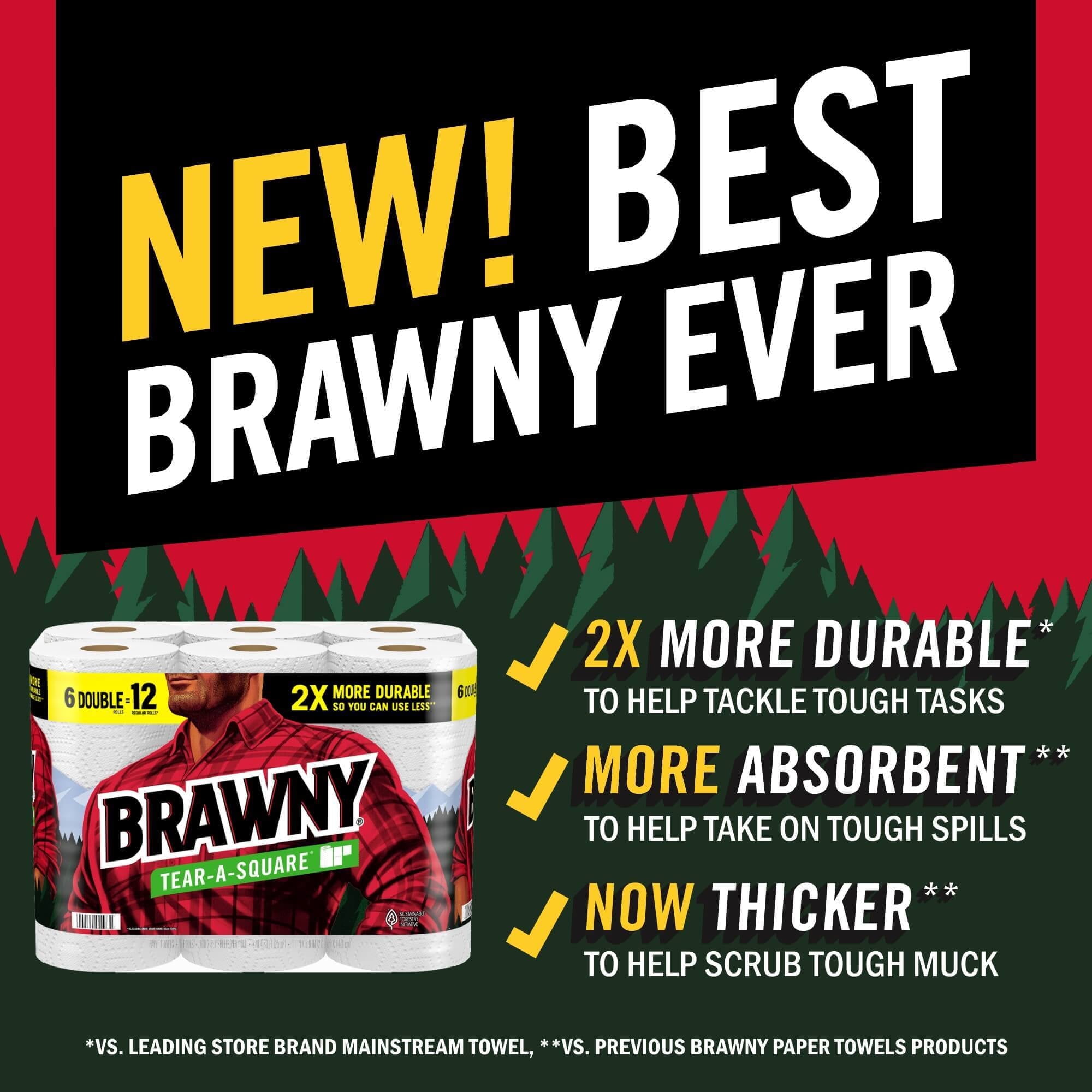 Brawny Tear-a-Square Paper Towels, 8 Double Rolls, 3 Sheet Sizes, Strong Paper Towel (2 Pack)