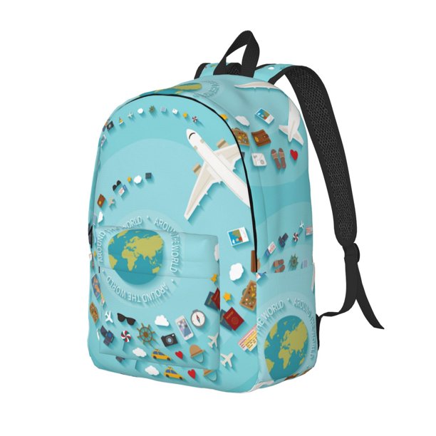 Disketp Travelling on Airplane print Canvas Backpack Lightweight Travel Daypack Student Rucksack Laptop Backpack-Small