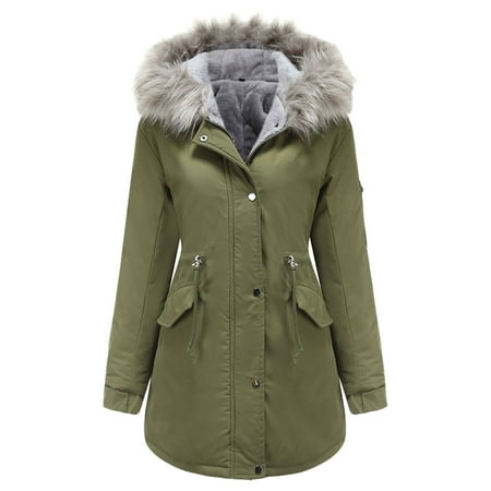 Women Ladies Parka Jacket With Fur Hood, Fleece Lined Winter Coats Womens