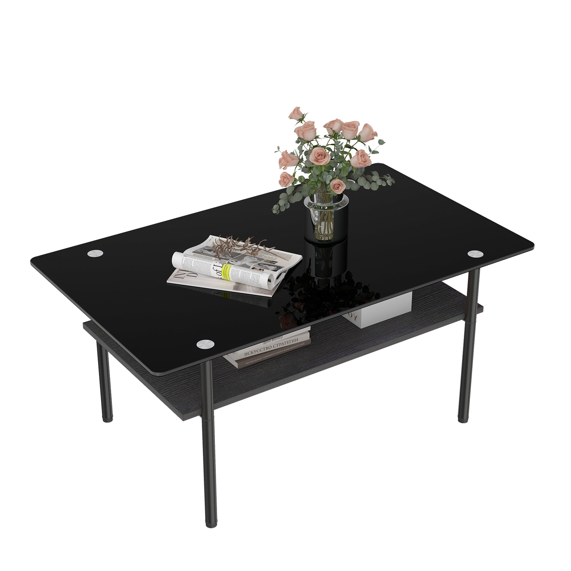Modern Rectangular Glass Coffee Table with Tempered Glass Top and Wood Shelf, 38.6-Inch Center Table for Living Room, Black
