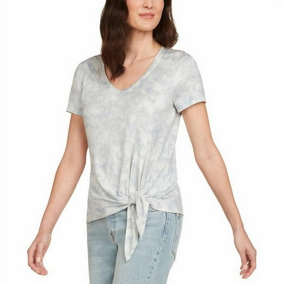 Matty M Women's Side-Tie Tee V-Neck T-Shirt, Blue Marble Medium