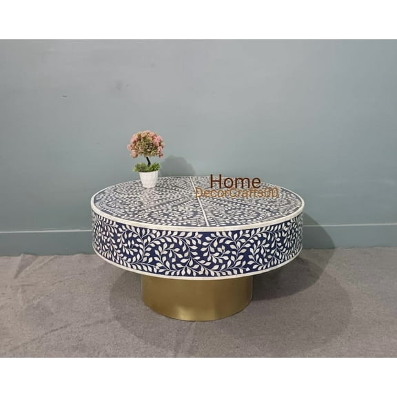 Bone Inlay Round Coffee Table with Brass Base | Handmade Floral Inlay Center Table | Boho Living Room Furniture | Indian Accent Table