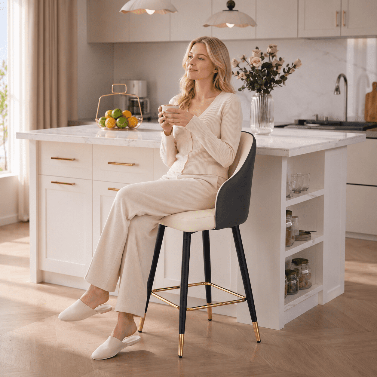 StnTalk Bar Stools Set of 2, White & Dark Gray PU Leather Counter Height Chairs, Modern Splicing Kitchen Stools with Gold Footrest & Metal Legs for Kitchen Island