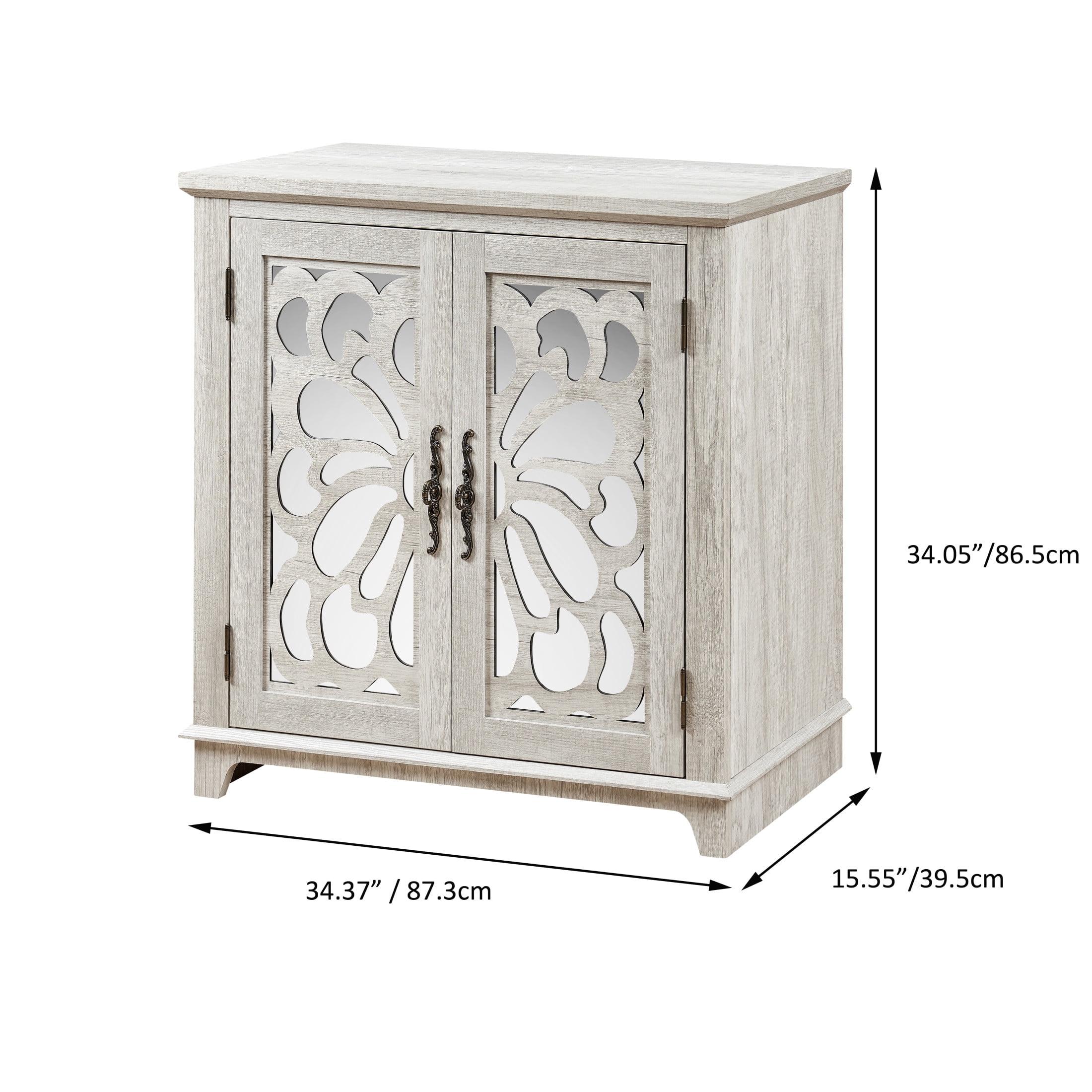 GDF Studio Danus 2-Door Acrylic Mirrored Sideboard Cabinet, Rustic Hollow-Carved Storage Cupboard for Kitchen, Light Gray