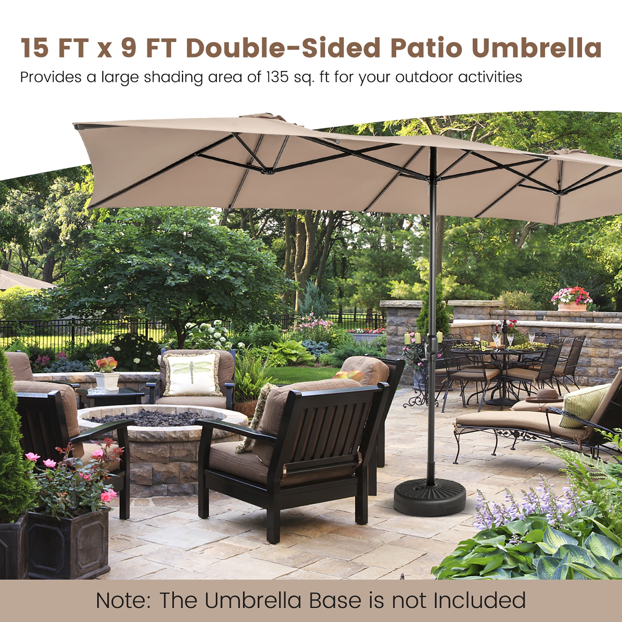 Costway 15FT Double-Sided Patio Market Umbrella Large Crank Handle Vented Outdoor Twin Coffee
