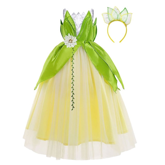 Disfraz de princesa Tiana de Disney para niñas, vestido de hada verde de la princesa y la rana, vestido de fiesta de cumpleaños de Halloween para niños, 9-10T (etiqueta 150) Gao Jinjia LED