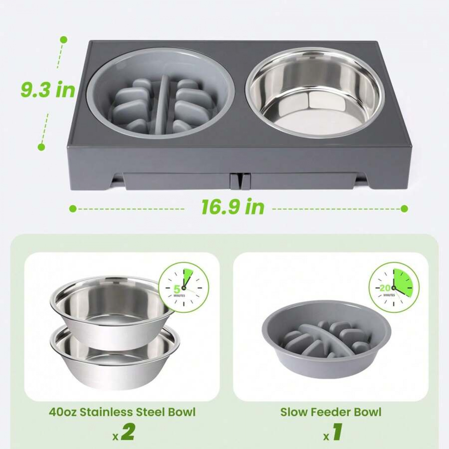 NTGFU Grey 5 Adjustable Heights Raised Dog Bowl Stand with 2 Stainless Steel Dog Food Bowls and 1 Slow Feeder Dog Bowl, Adjusts To Height 3.2" To 12.2" for Small Medium Large Dogs