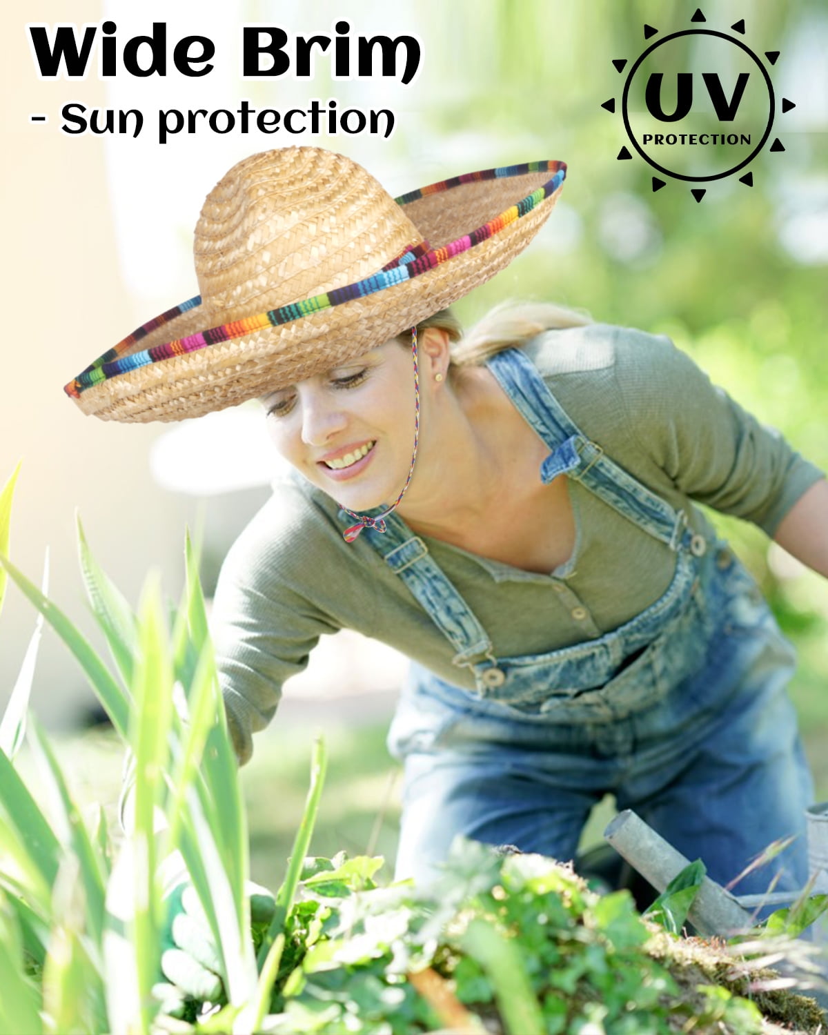 Gamexcel 18" Mexican Sombrero Hat, Natural Straw Wide Brim Fiesta Party Hat for Adults, Cinco de Mayo, Halloween, Sun Protection