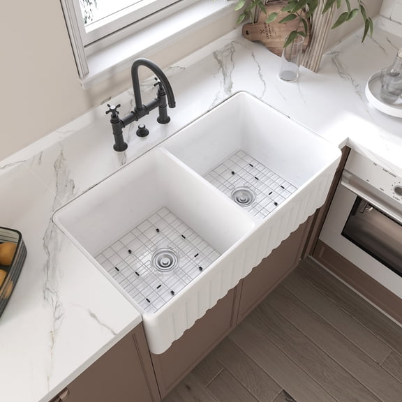 HOROW 33" Fireclay Undermount Double Bowl Apron Farmhouse Sink with Grid & Drain