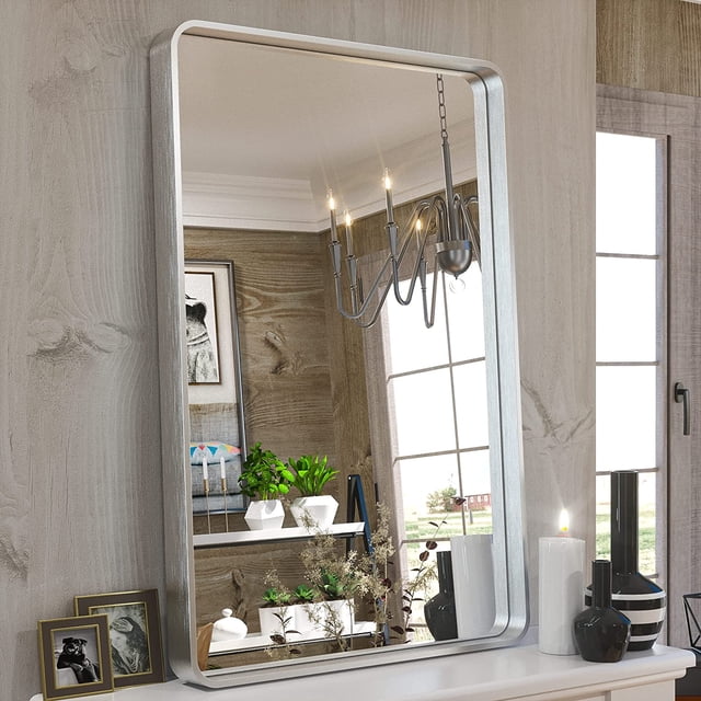 TETOTE 24x36 Inch Vanity Mirror, Silver Trimmed Wall Mounted Rectangle Modern Metal Framed Mirror for Bathroom (Horizontal/Vertical)