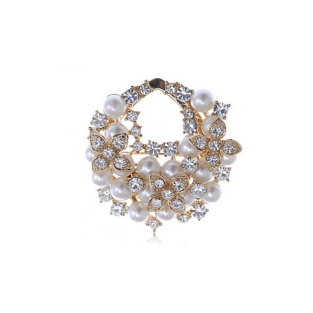 - Elegant Faux Pearl Clear Crystal Rhinestone Flower Cluster Gold Tone Pin Brooch
