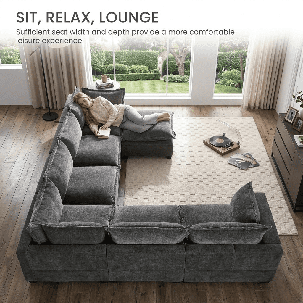 Howcool 118" Modular Sectional Sofa with Corner Seat and Movable Ottoman, Deep Seat Cloud Couch,7-Seat Living Room Set, Greyt,Grey