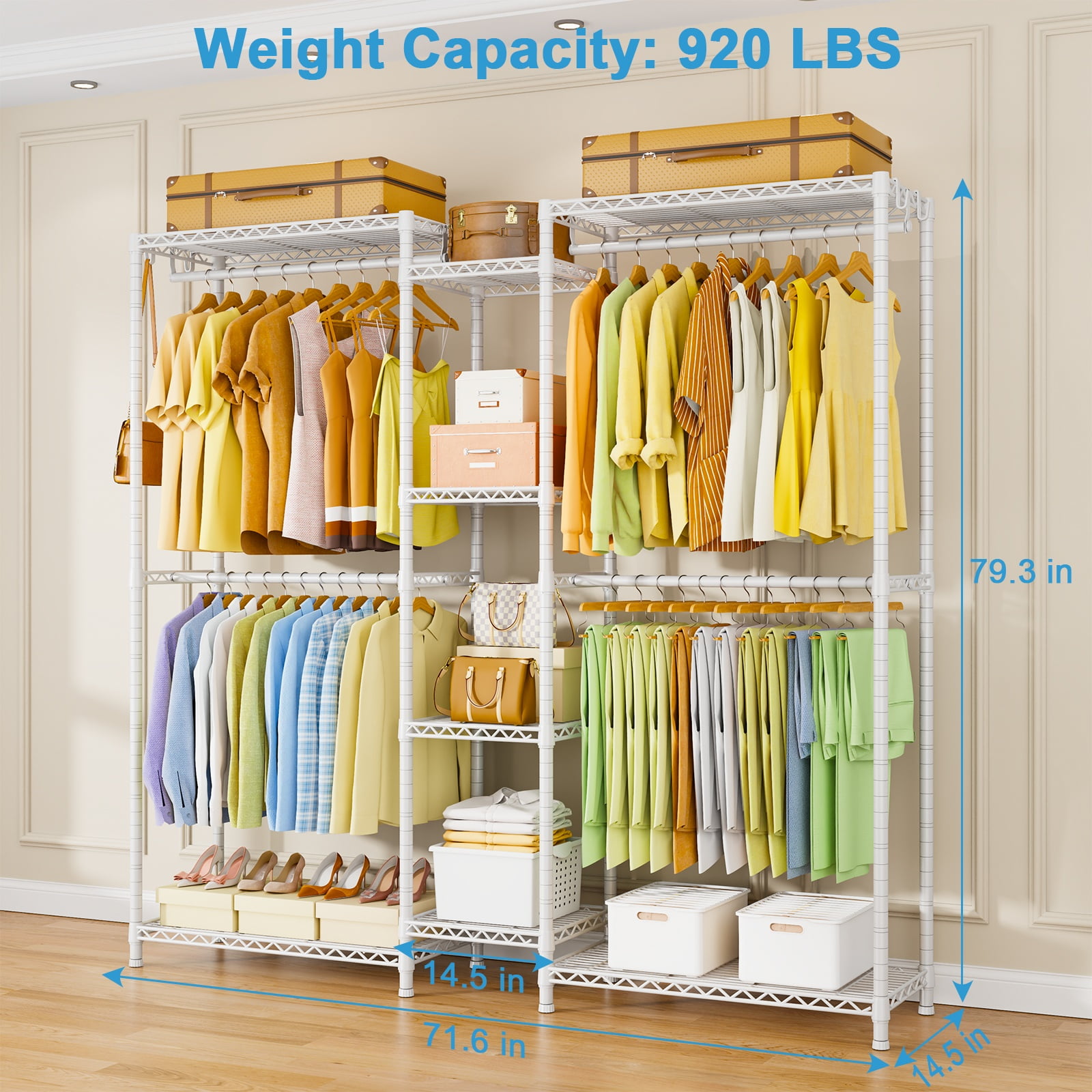 "Ulif E4 White Wire Garment Rack, Closet Organizer with 8 Shelves & 4 Hanger Rods, Heavy Duty, 71.6"" W x 79.3"" H"