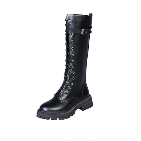 

Rdeuod Cowboy Boots for Women Fashion Zipper Hasp Lacing Thick-Soled Large Size Boots Autumn Platform Leather Boots