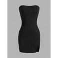 thumbnail image 3 of Women's Black Strapless Mini Dress - Bodycon Fit with Front Slit, 3 of 7