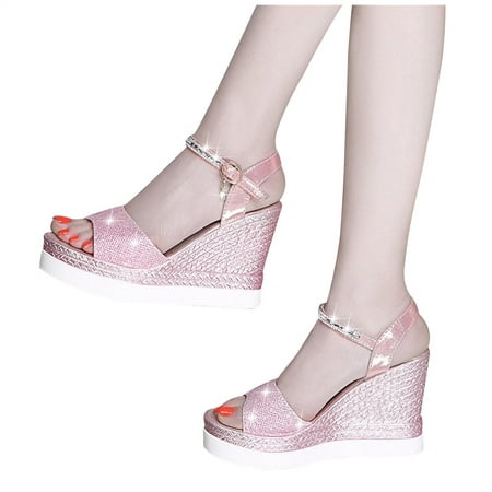 

SHENGXINY 2022 New Women Wedge Sandals Summer Bead Studded Detail Platform Sandals Buckle Strap Peep Toe Thick Bottom Casual Shoes Ladies