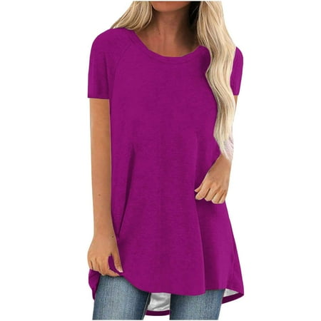 Ladies Tops Longline Cotton Short Sleeve T Shirt Plain Crewneck Oversized Tee Summer Basic Shirt Loose Fit Womens Blouse Plus Size Comfy Classic Undershirts Sports Casual Pullover