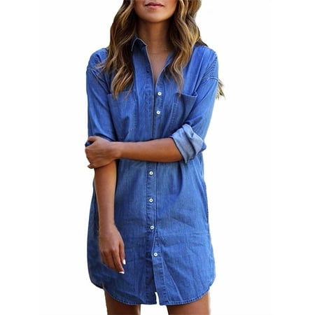 Womens Long Sleeve Denim Bleu Loose Buttons Down (Best Denim Shirt Womens)