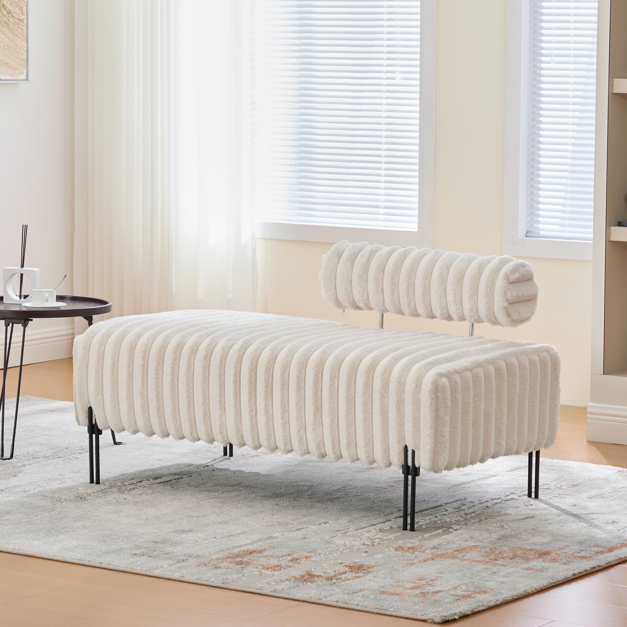 Noble House Fenton 49.6" Faux Fur Mini Loveseat, Adjustable Back Wide Bench with Metal Legs for Small Spaces, Beige