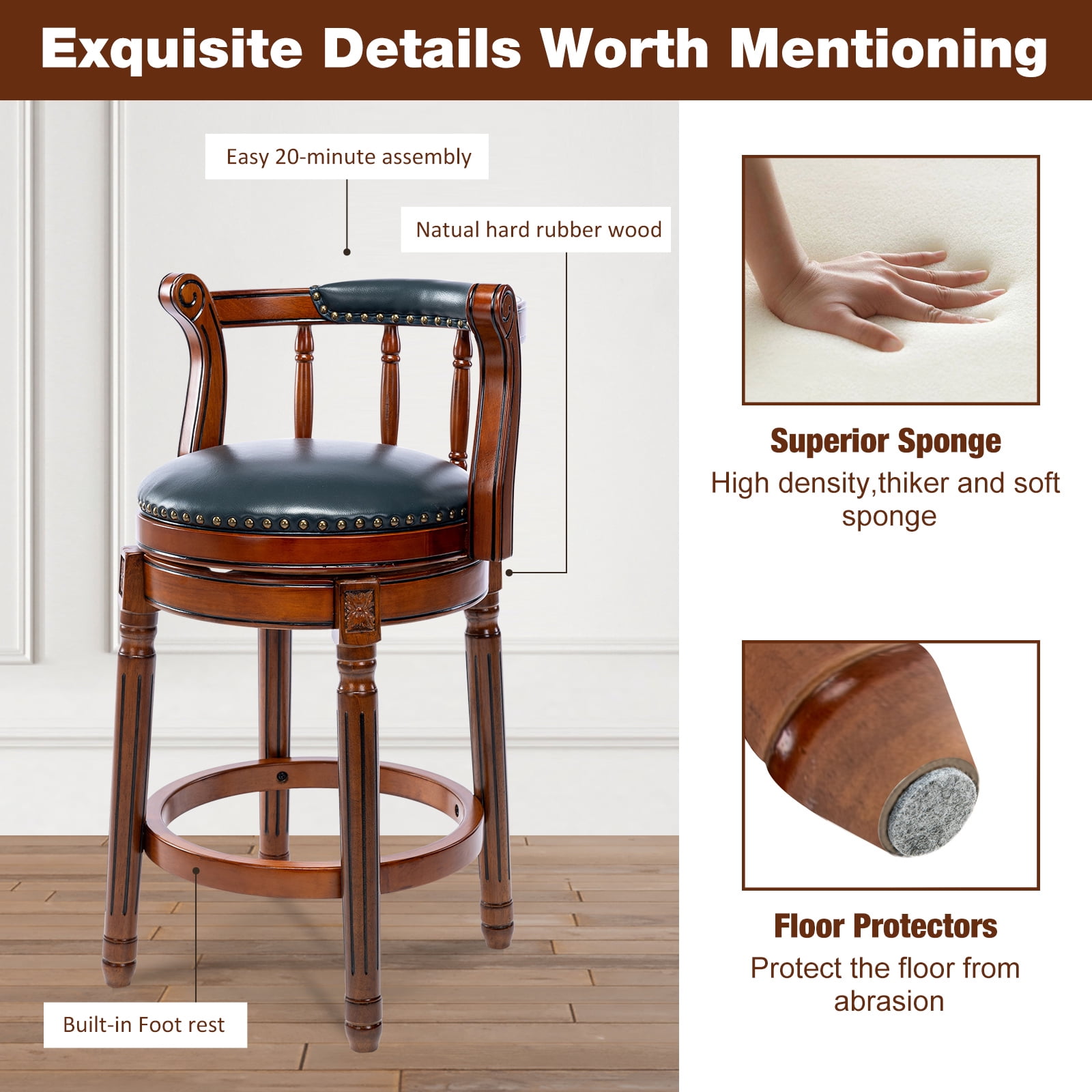 Aulife 2pcs Bar Stools Genuine Leather Counter Height barstool Wooden Swivel kitchen Stool with Footrest for Kitchen Dining Room