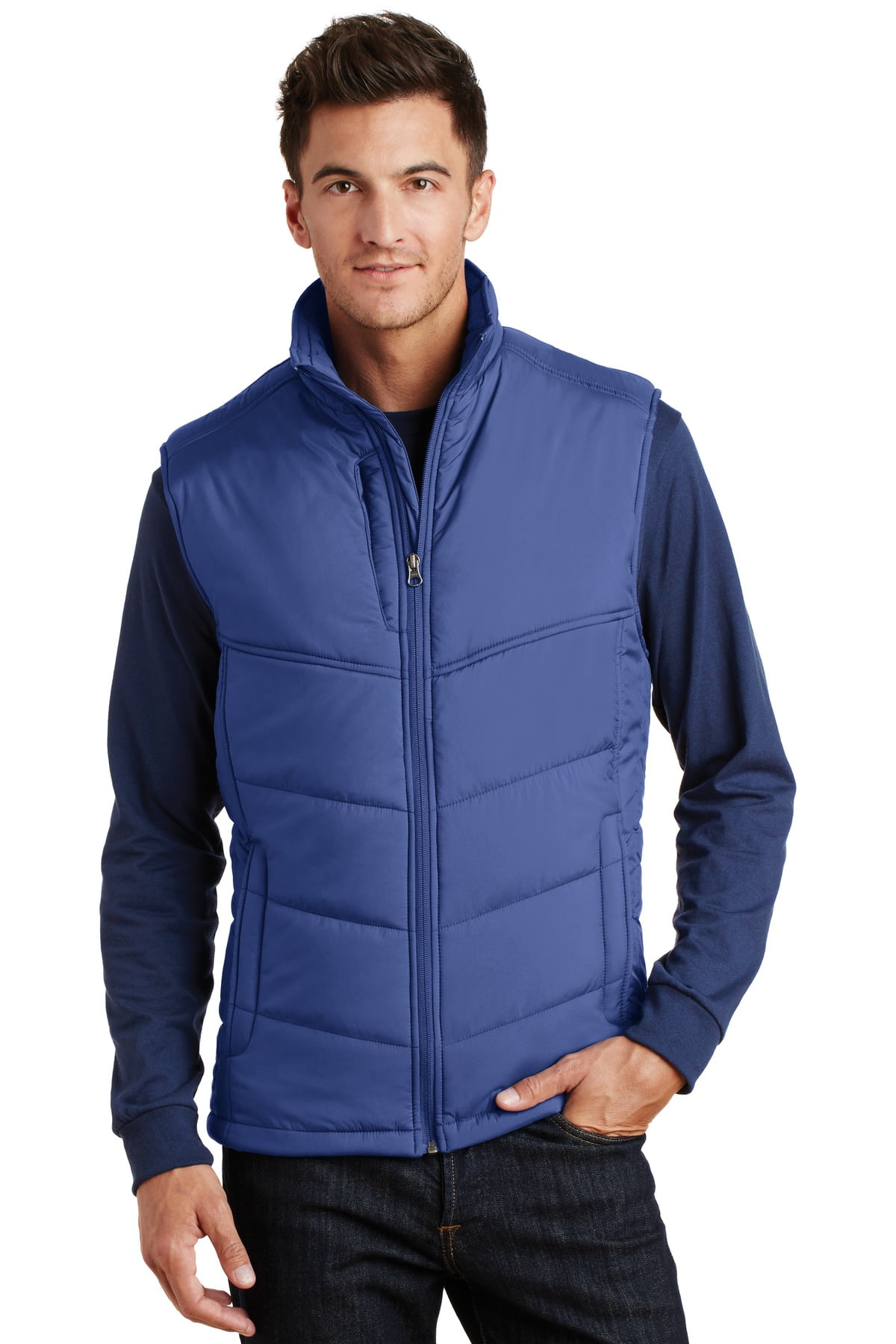 blue puffy vest