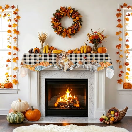 Thanksgiving Dog Fireplace Mantel Scarf Fall Pumpkins Leaves Plaid Texture Mantel Scarf Scarves Fireplace Top Runner Cover for Holiday Party Home Decorations 90x17in