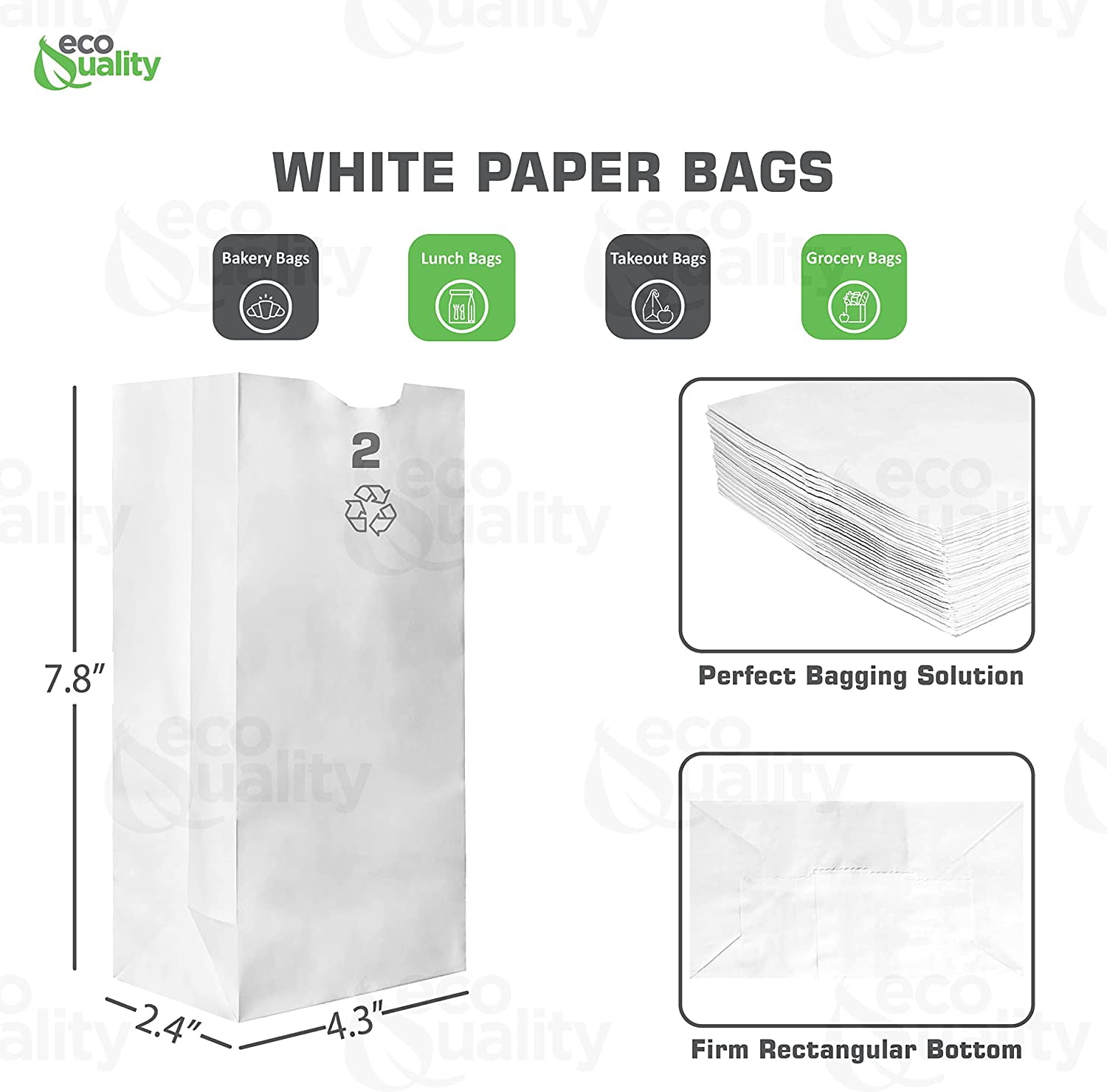Paper Lunch Bags 2 Lb White Paper Bags 2LB Capacity - Kraft White Paper Bags, Bakery Bags, Candy Bags, Lunch Bags, Grocery Bags, Craft Bags - #2 Small Lunch Paper Bags by EcoQuality (500, #2 - 2LB)
