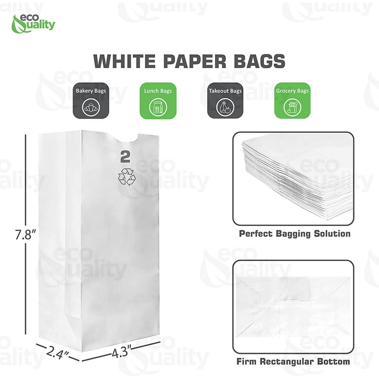 Fit Meal Prep 200 Pack 2 lb White Paper Lunch Bags, 7.88 x 4.13 x 2.5  Premium White Paper Bags Bulk for Small Business, Recyclable Paper Snack  Sacks