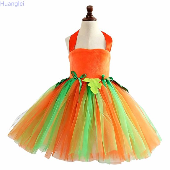 Huanglei Halloween Pumpkin Puff Sleeve Dress For Girls With Headband Party Performance Kids (D)