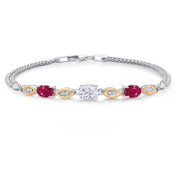 Gem Stone King 925 Silver and 10K Yellow Gold White Moissanite and Red Ruby and White Lab Grown Diamond Bracelet for Women (2.16 Cttw, Gemstone, Oval, Wheat Chain, 6.5 inches)