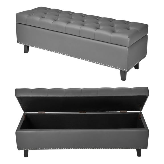 KFFKFF Button-Tufted Storage Ottoman Bench, PU Leather Seat with Solid Wood Legs, Modern Upholstered Bench for Entryway, Bedroom, Living Room, or Dining Room, Gray
