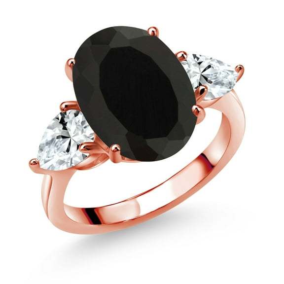 Gem Stone King 18K Rose Gold Plated Silver Black Onyx and White Created Sapphire Ring for Women (7.00 Cttw, 14X10MM Oval and 7X5MM Pear Shape, Gemstone December Birthstone, Size 7)