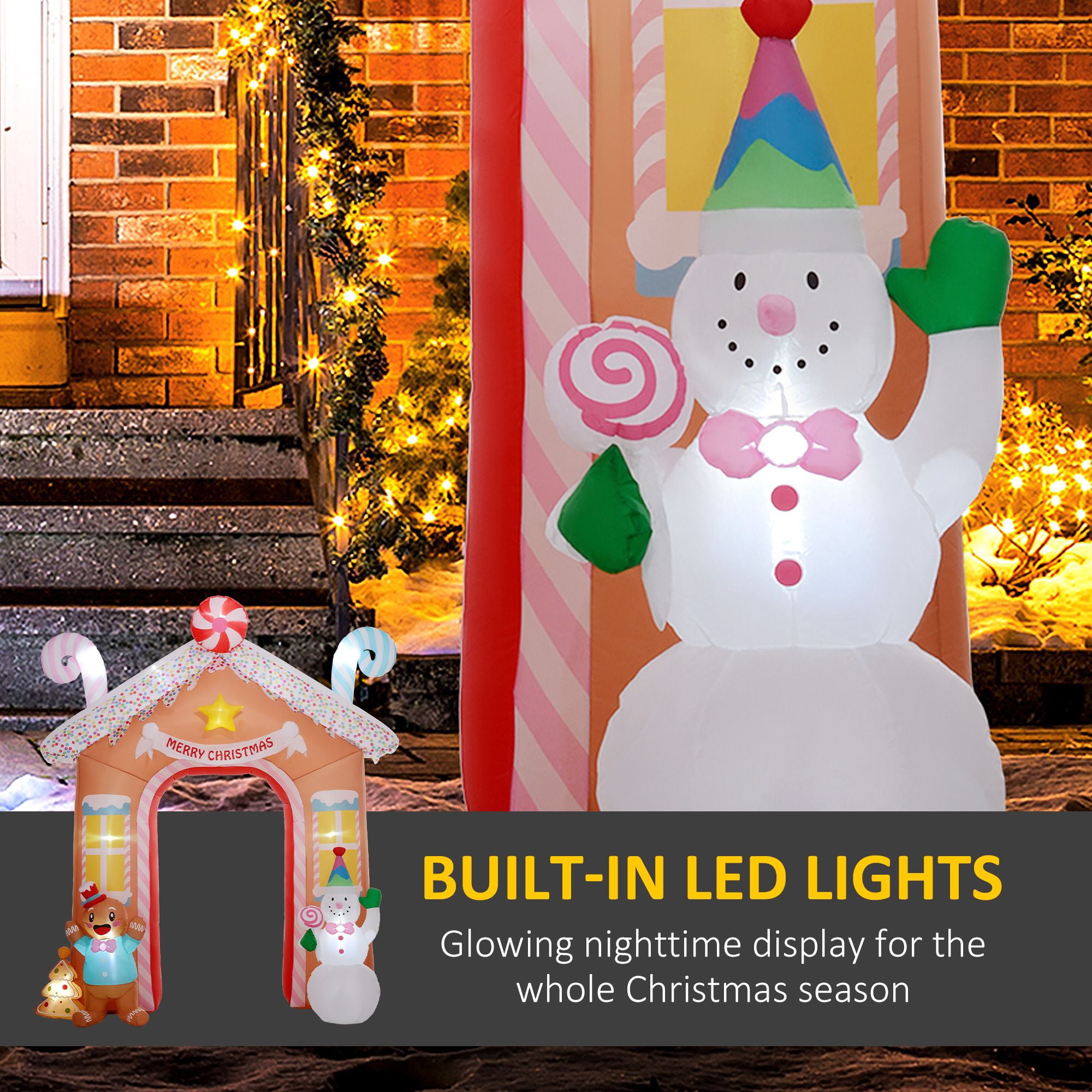 10 ft Inflatable Gingerbread House Archway with White LED Lights, Polyester Christmas Yard Arch with Gingerbread Man and Snowman for Indoor and Outdoor Holiday Decor