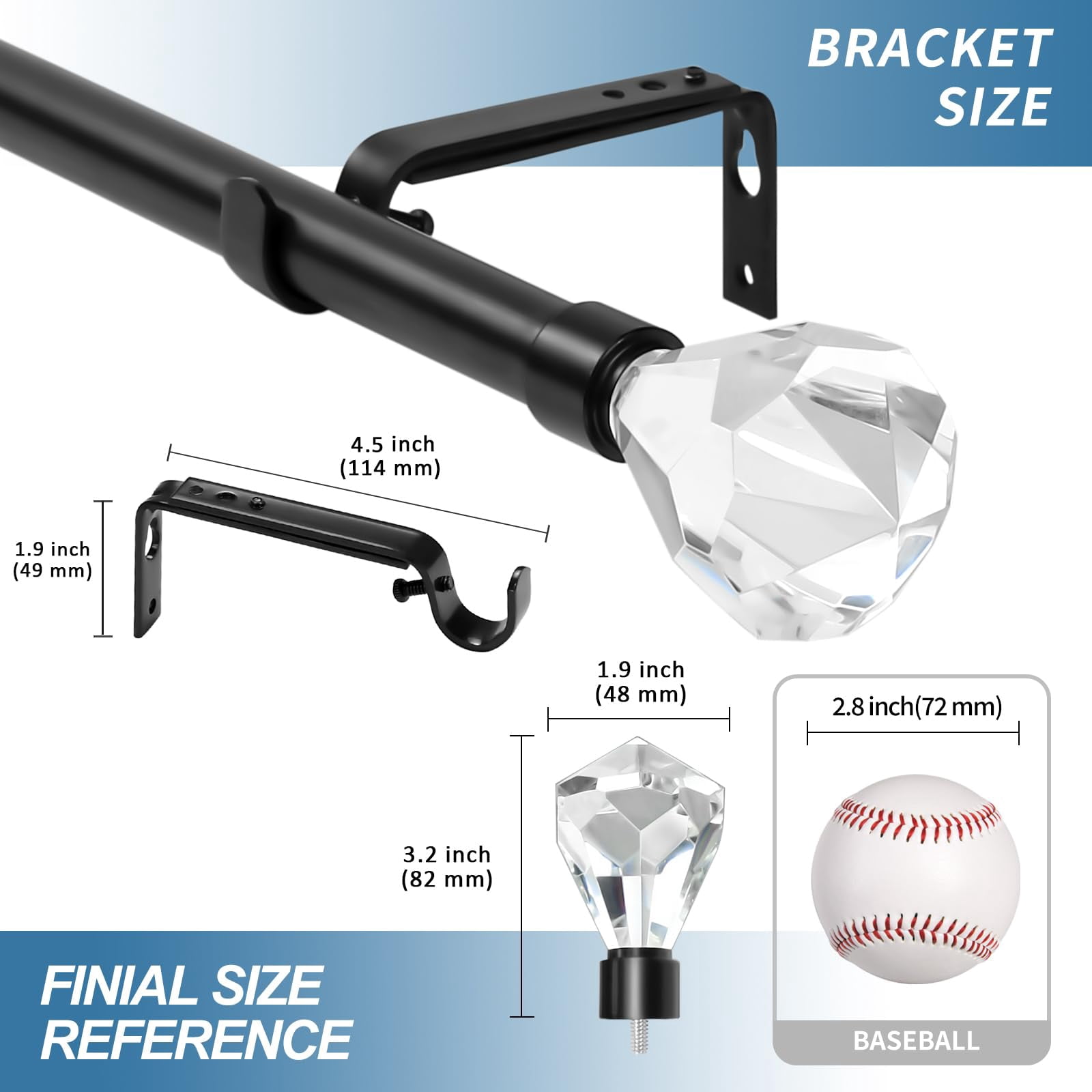 Urbanest Real Crystal Diamond-cut Elegant Designer Curtain Rod – Solid Metal Rod with Genuine Crystal Finials – 3/4" Adjustable , Heavy-Duty, Decorative, Sparkling Design, 48" to 84", Matte Black