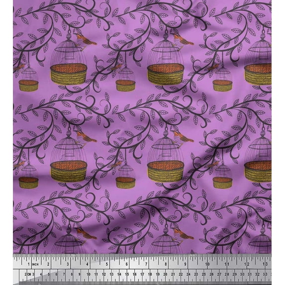 Soimoi Cotton Poplin Fabric Leaves,Cage & Sparrow Bird Print Fabric by Yard 56 Inch Wide