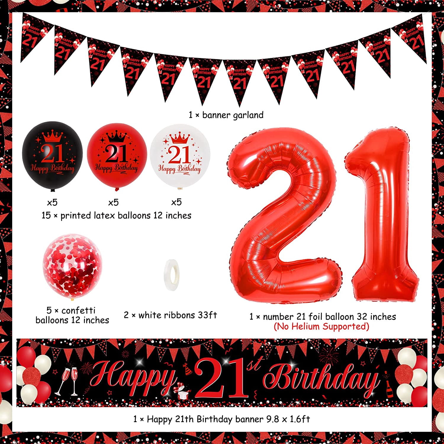 Red and Black 21st Birthday Decorations for Boys Girls, 21 Birthday Party Supplies with Happy 21st Birthday Yard Banner 9.8 x 1.6ft Confetti Foil Balloons Triangle Flag for 21st Birthday Party Decor