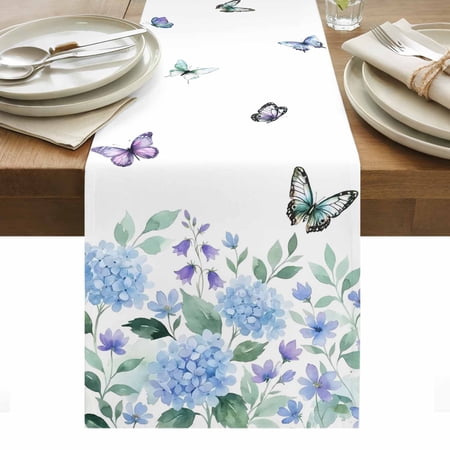 Floral Butterfly Cotton Linen Table Runner Watercolor Summer Blue Purple Floral Butterfly Dining Table Runners for Home Decor Party Dining Room Restaurant Kitchen Party 13 x 72