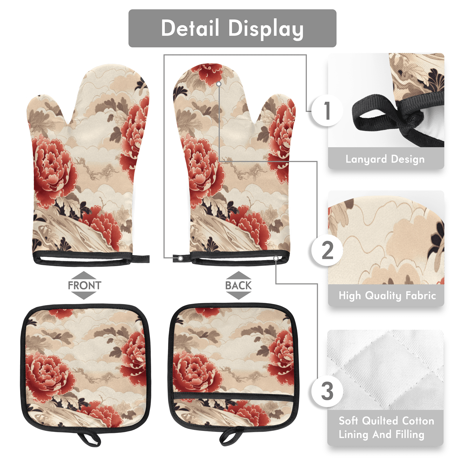 CURLYOOT Vintage Flower Japanese Oven Mitts and Pot Holders Sets of 2, Non-Slip Washable Hot Pads and Oven Gloves for Kitchen Cooking Baking
