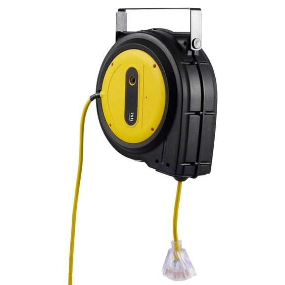 Powerful 75FT Retractable Extension Cord Reel with 14AWG/3C SJTOW Heavy Duty Cable - Automatic Rewind, Indoor/Outdoor Use