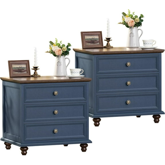 24" Wide Farmhouse Night Stand Set of 2,Large End Table with 3 Drawers & Metal Handle,Blue Dresser for Bedroom,Bed Side Table Chest of Drawers Cabinet,Wood Nightstand for Living Room,Closet