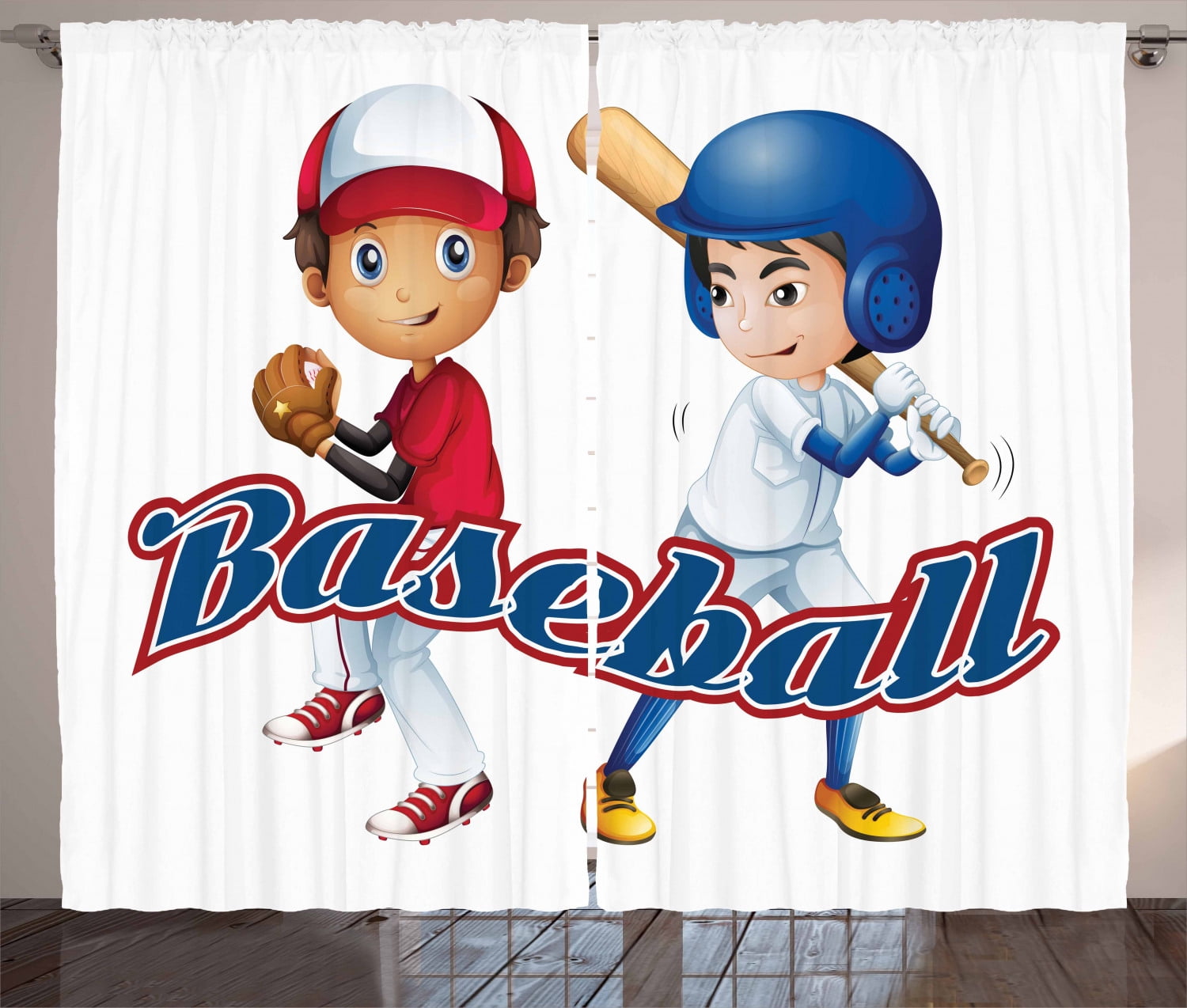 Kids Sports Curtains 2 Panels Set Baseball Player Boys Pitching